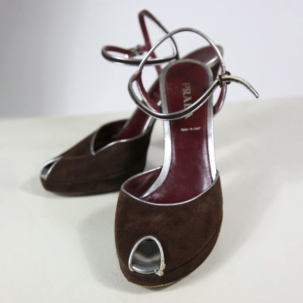 PRADA Brown Suede Peep-Toe Heels
